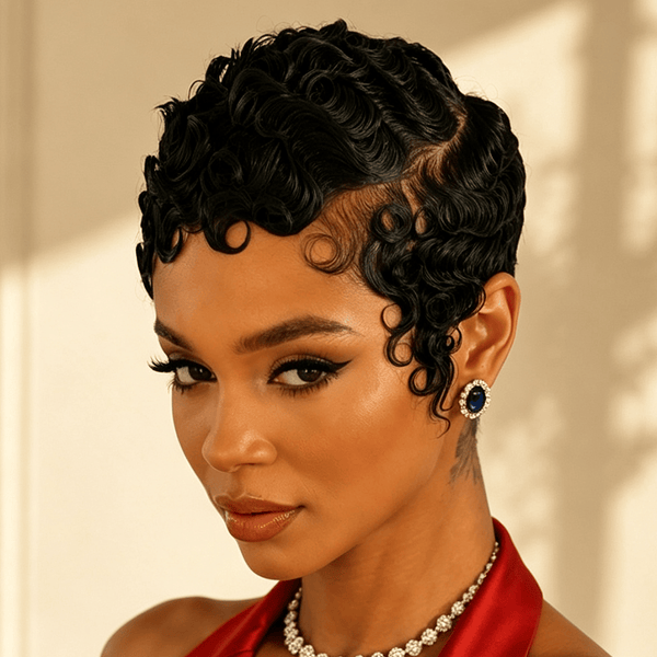 BeQueen Wig PIXIE WIGS Black Bequeen 13X6 Lace Side Part Finger Wave Short Cut Pixie Wig