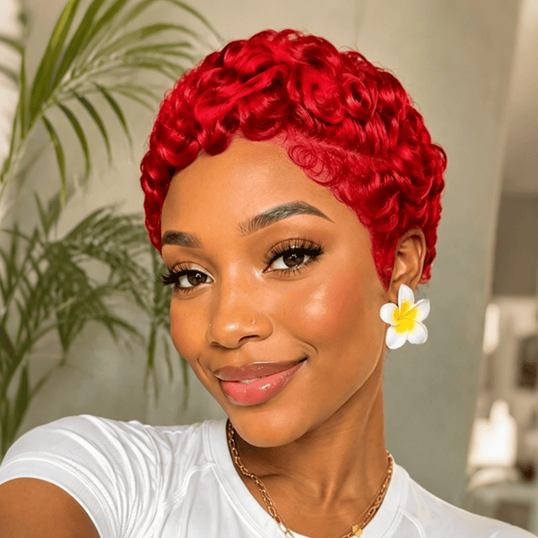 BeQueen Wig PIXIE WIGS Red Bequeen 13X6 Lace Side Part Finger Wave Short Cut Pixie Wig