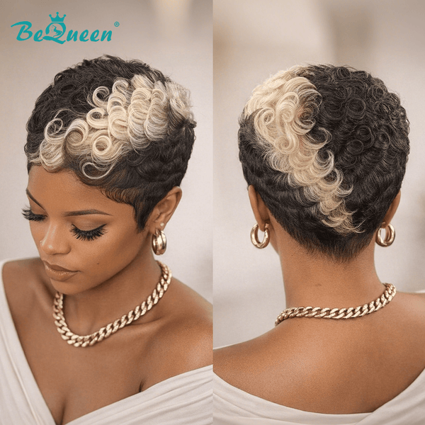 BeQueen Wig PIXIE WIGS Bequeen 1B & 613 Machine Made Finger Wave Pixie Wig