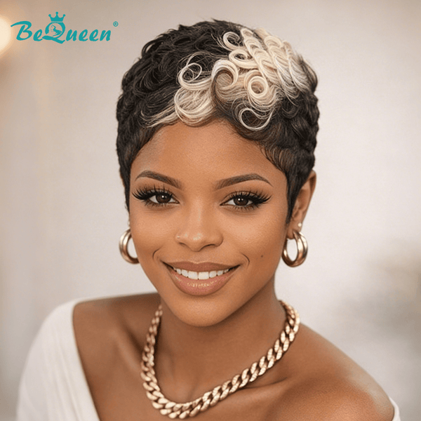 BeQueen Wig PIXIE WIGS Bequeen 1B & 613 Machine Made Finger Wave Pixie Wig