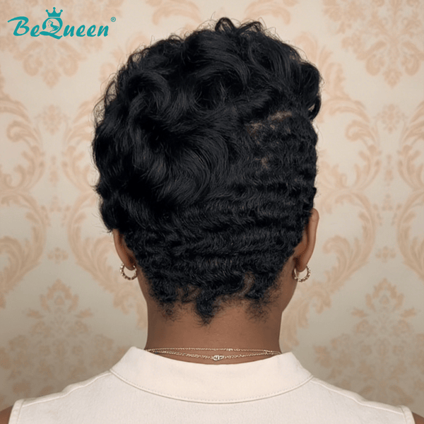 BeQueen Wig PIXIE WIGS Bequeen 1B Finger Wave Style Short Cut Wig