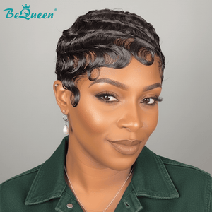 BeQueen Wig PIXIE WIGS Bequeen 1B Full Lace Special Scalp Water Wave Pixie Wig