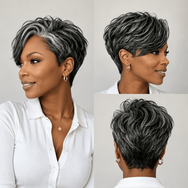 BeQueen Wig PIXIE WIGS Bequeen 1B Mixed Gray 13x4 Frontal Lace Pixie Short Cut Wig