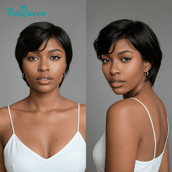 BeQueen Wig PIXIE WIGS Bequeen 1B Natural Style Side Part Pixie Wig