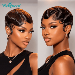 BeQueen Wig FULL LACE WIG Bequeen 1B Pixie Cut Water Wave 100% Human Hair Wig