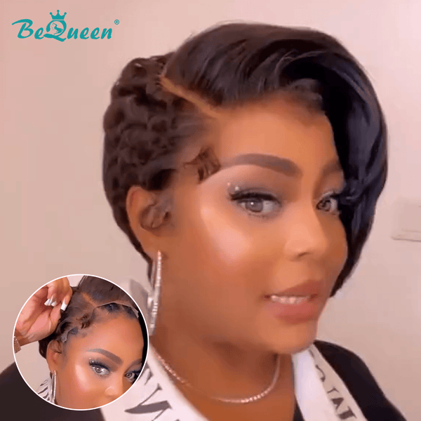 BeQueen Wig PIXIE WIGS Bequeen 1B Side Part Natrual Glueless lace Wig