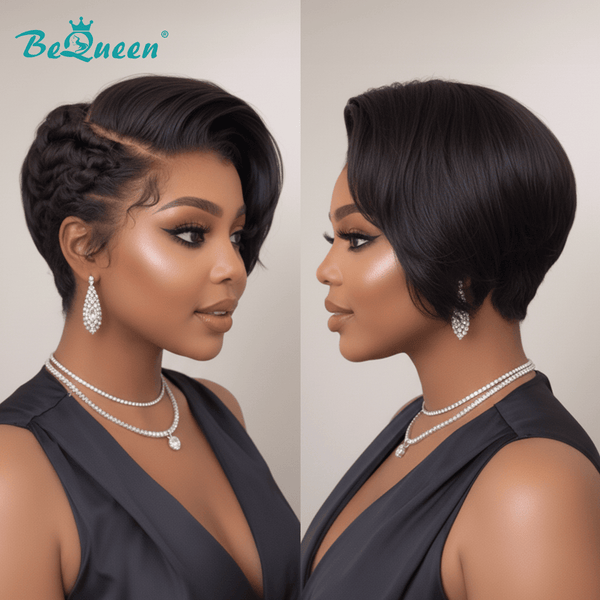 BeQueen Wig PIXIE WIGS Bequeen 1B Side Part Natrual Glueless lace Wig