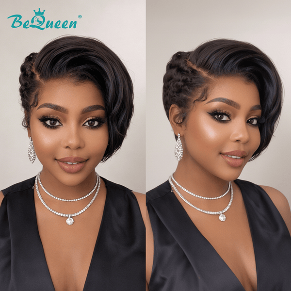 BeQueen Wig PIXIE WIGS Bequeen 1B Side Part Natrual Glueless lace Wig
