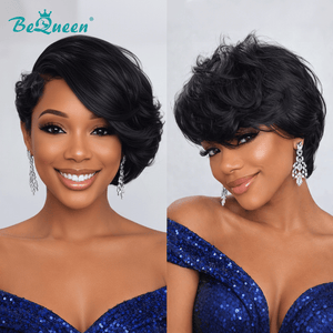 BeQueen Wig PIXIE WIGS Bequeen 1B Side Part Natrual Style Frontal lace Wig