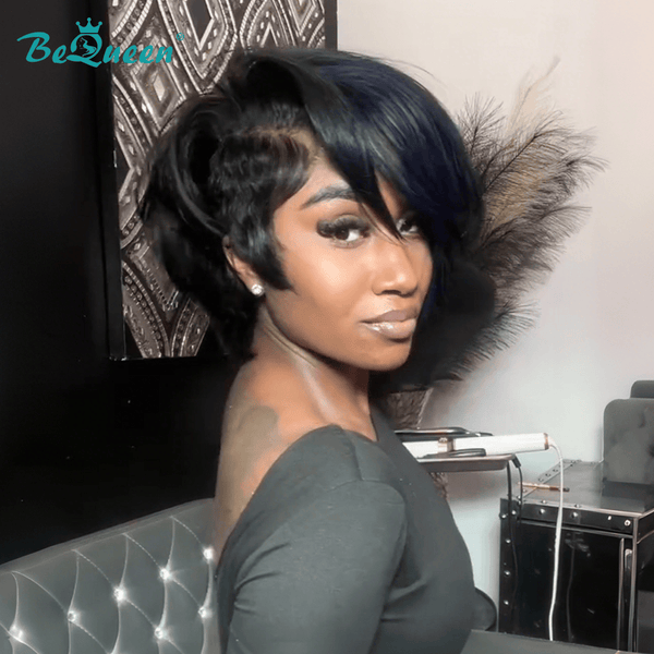 BeQueen Wig PIXIE WIGS Bequeen 1B Side Part Straight Frontal lace Wig