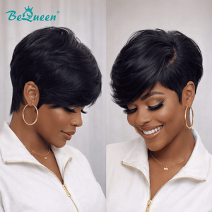 BeQueen Wig PIXIE WIGS Bequeen 1B Side Part Straight Frontal lace Wig