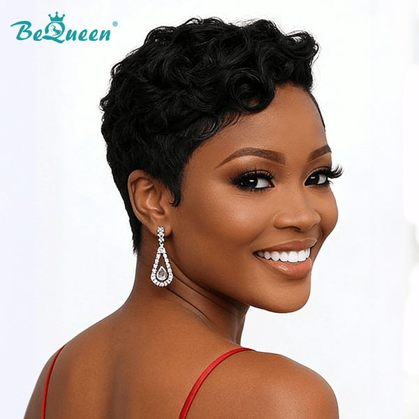 BeQueen Wig PIXIE WIGS Bequeen 1B Wave Side Part Frontal lace Wig