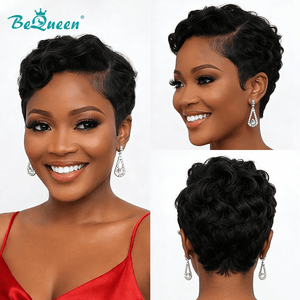 BeQueen Wig PIXIE WIGS Bequeen 1B Wave Side Part Frontal lace Wig