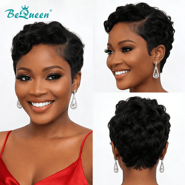 BeQueen Wig PIXIE WIGS Bequeen 1B Wave Side Part Frontal lace Wig