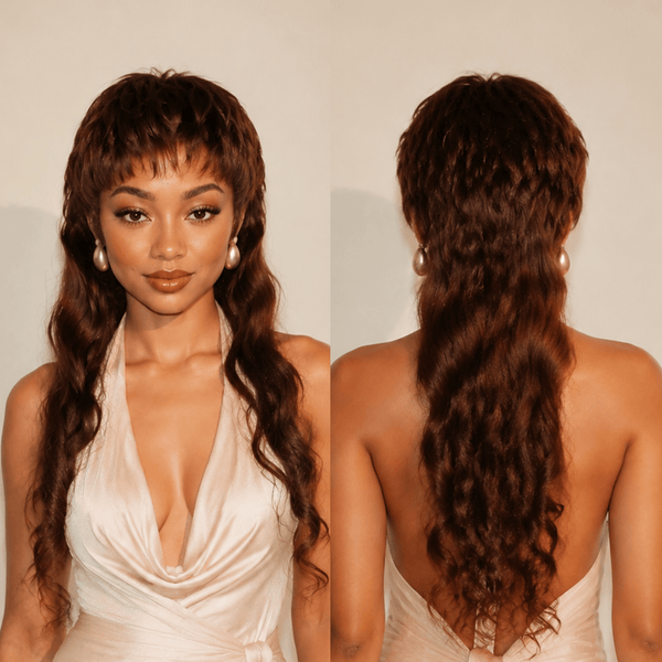 BeQueen Wig Mullet Wig Bequeen #4 Brown Water Wave 22 inch Long Mullet Bang Wig 100% Human Hair
