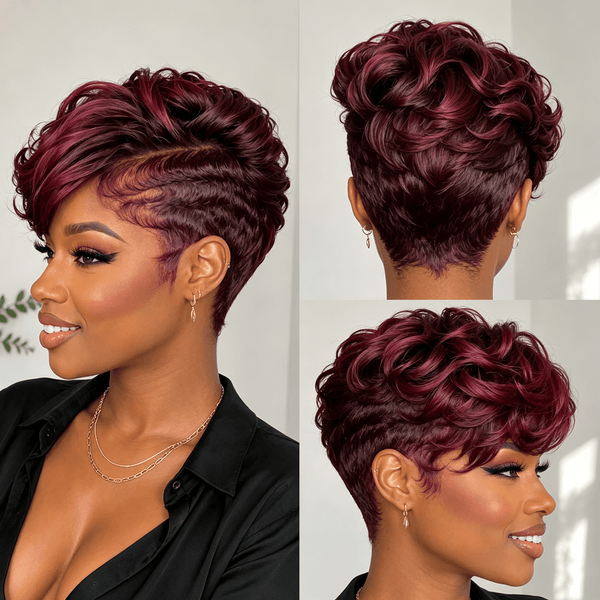 BeQueen Wig PIXIE WIGS BeQueen 5X5 Frontal Lace Glueless Burgundy Color Wave Style Short Cut Pixie Wig