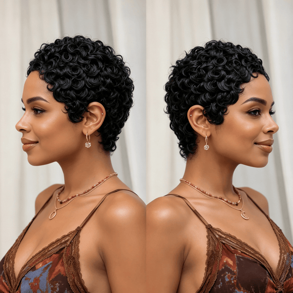 BeQueen Wig PIXIE WIGS Bequeen Black Finger Wave No Lace Machine Made Short Cut Daily Full Cap Wig
