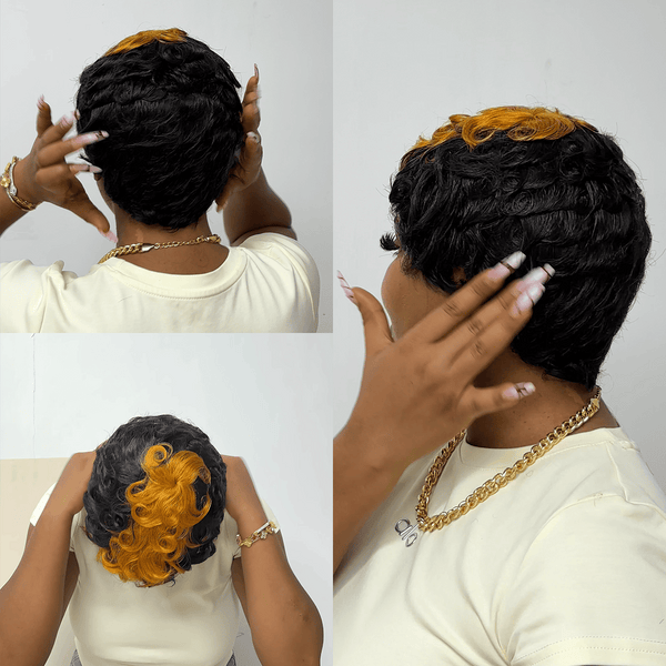 BeQueen Wig PIXIE WIGS Bequeen Black Highlight Orange Finger Wave Style Pixie Cut Wig For Black Women