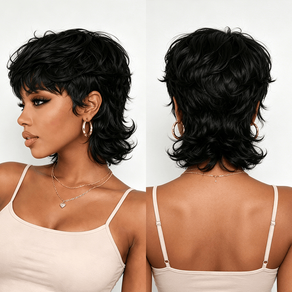 BeQueen Wig Mullet Wig BeQueen Black Natural Wave Style Short Mullet Wig With Bang