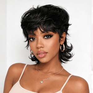 BeQueen Wig Mullet Wig BeQueen Black Natural Wave Style Short Mullet Wig With Bang