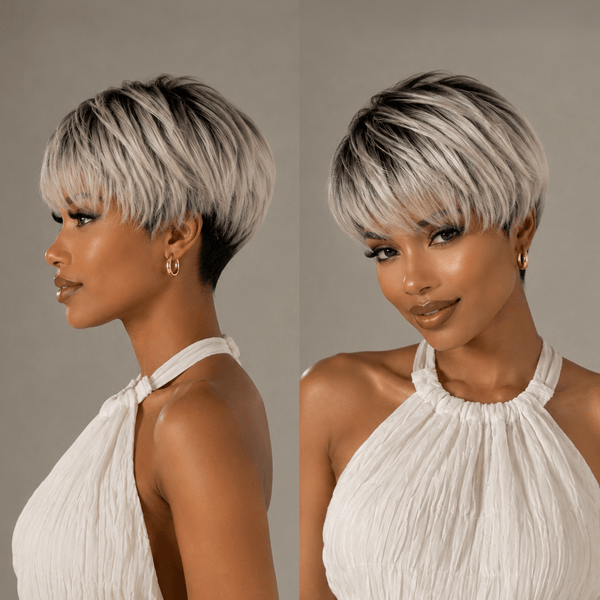 BeQueen Wig PIXIE WIGS Bequeen Black Root Silver Straight Natural Style Pixie Wig