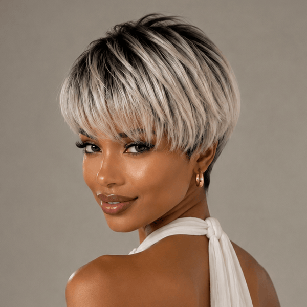 BeQueen Wig PIXIE WIGS Bequeen Black Root Silver Straight Natural Style Pixie Wig