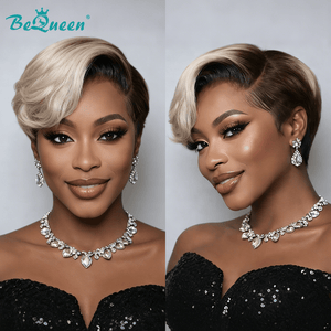BeQueen Wig PIXIE WIGS Bequeen Blonde Dark Root Frontal Lace Short Wig