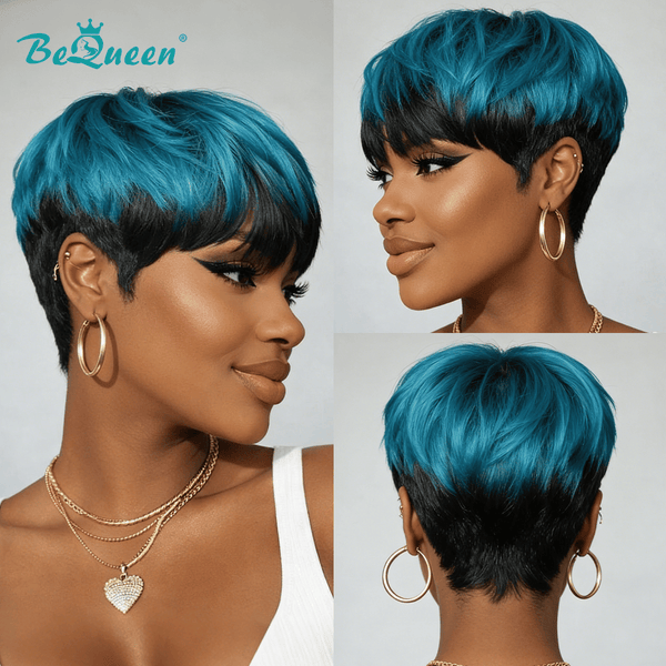 BeQueen Wig PIXIE WIGS Bequeen Blue Color Machine Made Pixie Wig
