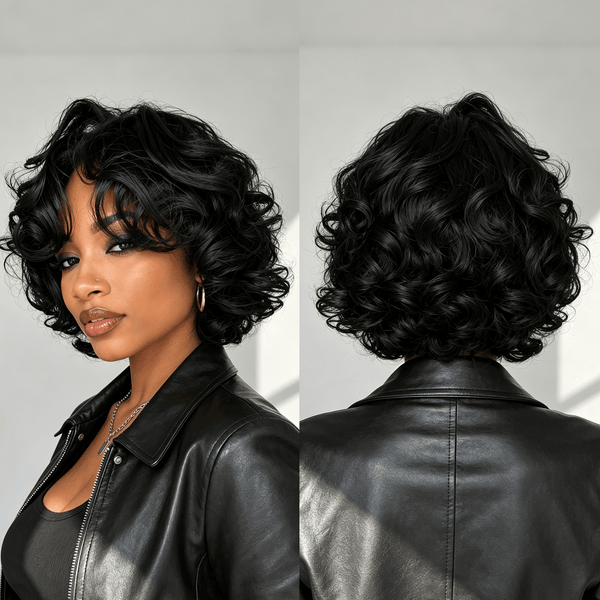 BeQueen Wig Luxurious Customized Wigs Bequeen Chic Black Finger Wavy Lace Bob Wig