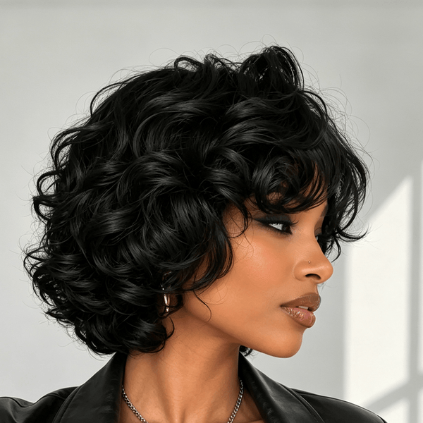 BeQueen Wig Luxurious Customized Wigs Bequeen Chic Black Finger Wavy Lace Bob Wig