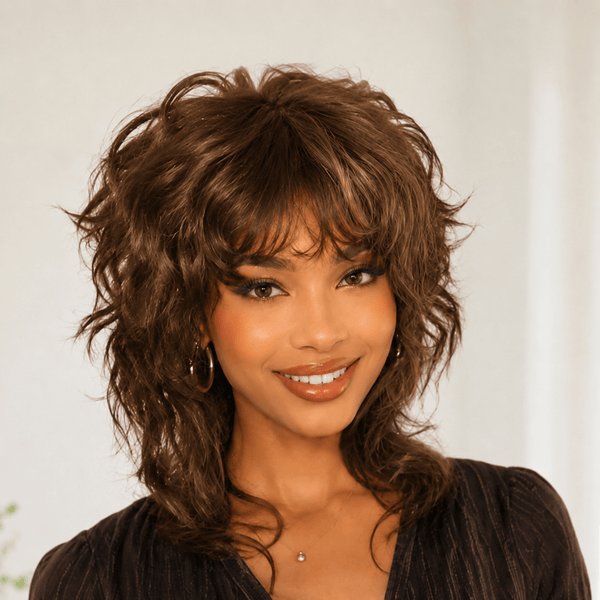 BeQueen Wig Mullet Wig Brown Bequeen Cute Loose Wave Glueless Highlight Brown Mullet Wig with Bang