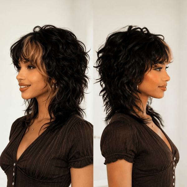 BeQueen Wig Mullet Wig Bequeen Cute Loose Wave Glueless Highlight Brown Mullet Wig with Bang