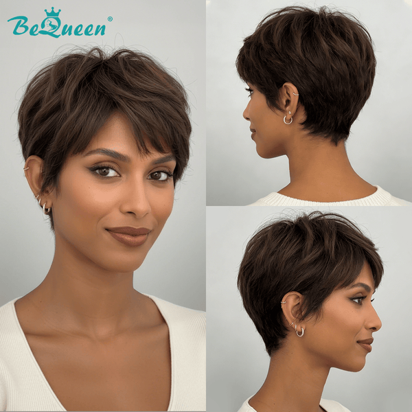 BeQueen Wig Mullet Wig Bequeen Dark Brown Natrual Style Short Wig