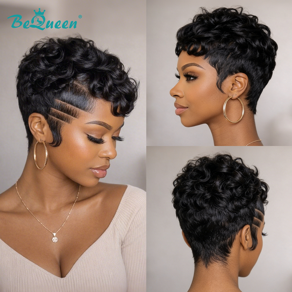 BeQueen Wig PIXIE WIGS Black Bequeen Edgy Cut Finger Wave Pixie Wig