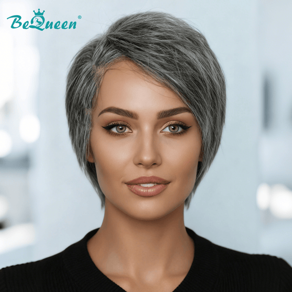 BeQueen Wig Luxurious Customized Wigs Bequeen Fashion Salt  and Pepper Side Part Frontal Lace Wig