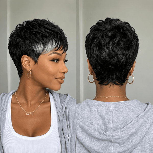 BeQueen Wig PIXIE WIGS Bequeen Frontal Highlighted Grey Machine Made Short Cut Full Cap Wig
