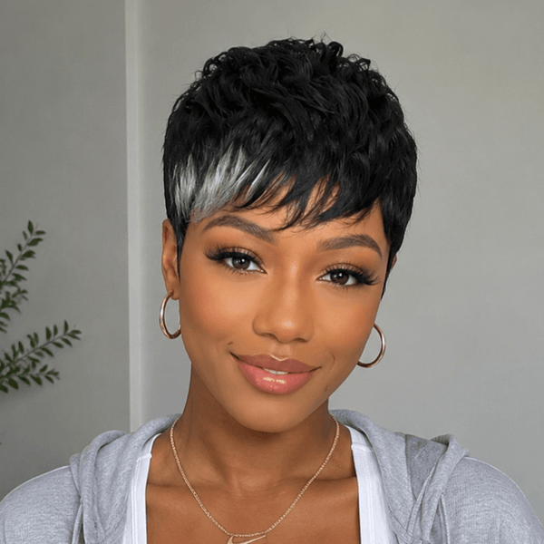 BeQueen Wig PIXIE WIGS Bequeen Frontal Highlighted Grey Machine Made Short Cut Full Cap Wig