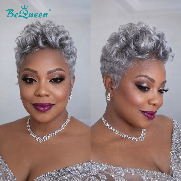BeQueen Wig Luxurious Customized Wigs As pic Bequeen Frontal Lace Salt And Pepper Pixie Wig