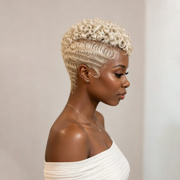 BeQueen Wig PIXIE WIGS Bequeen Full Lace Silver Blonde Finger Wave Pixie Short Cut Wig