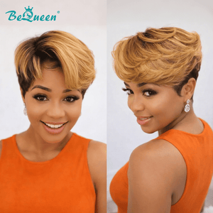 BeQueen Wig PIXIE WIGS Bequeen Highlight Bronze Side Part Natrual Glueless Frontal lace Wig