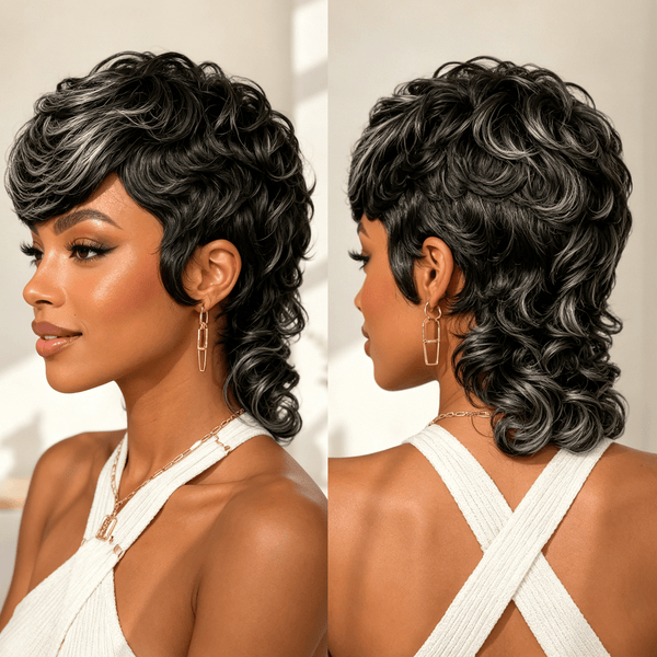 BeQueen Wig Mullet Wig BeQueen Highlight Grey Special Style Long Mullet Wig With Bang