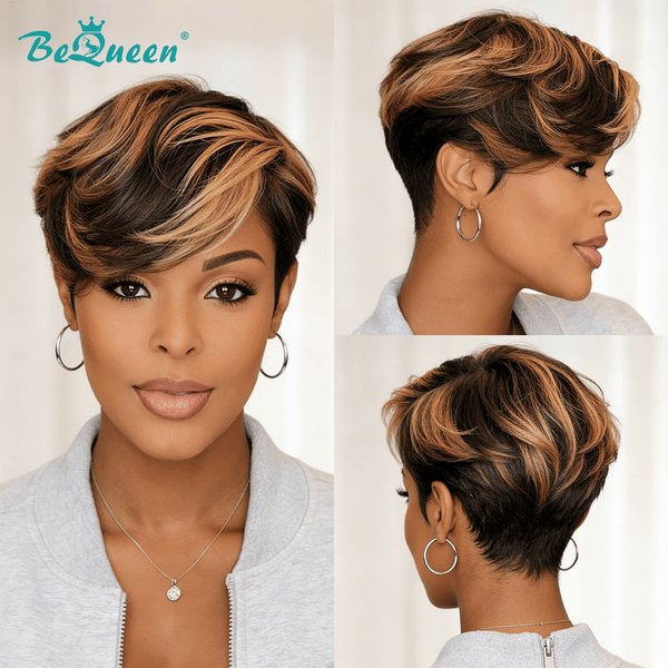 BeQueen Wig PIXIE WIGS Bequeen Mixed Yellow Side Part Pixie Short Cut Frontal Lace Wig