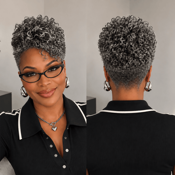 BeQueen Wig Luxurious Customized Wigs Gray Bequeen More Salt Than Pepper Grey Kinky Curly Style 100% Human Hair Wig