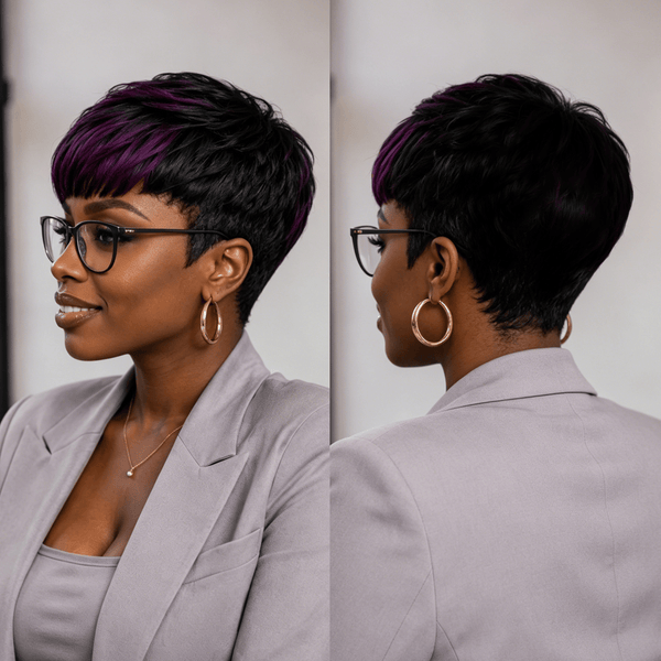 BeQueen Wig PIXIE WIGS Bequeen Natural Black Highlight Purple Short Cut Pixie Bang Wig