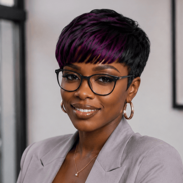 BeQueen Wig PIXIE WIGS Bequeen Natural Black Highlight Purple Short Cut Pixie Bang Wig