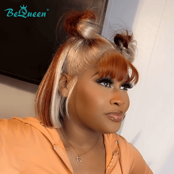 BeQueen Wig Bequeen Orange Highlight 613 Bangs With Two Buns Bob Lace Wig