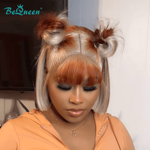 BeQueen Wig Bequeen Orange Highlight 613 Bangs With Two Buns Bob Lace Wig
