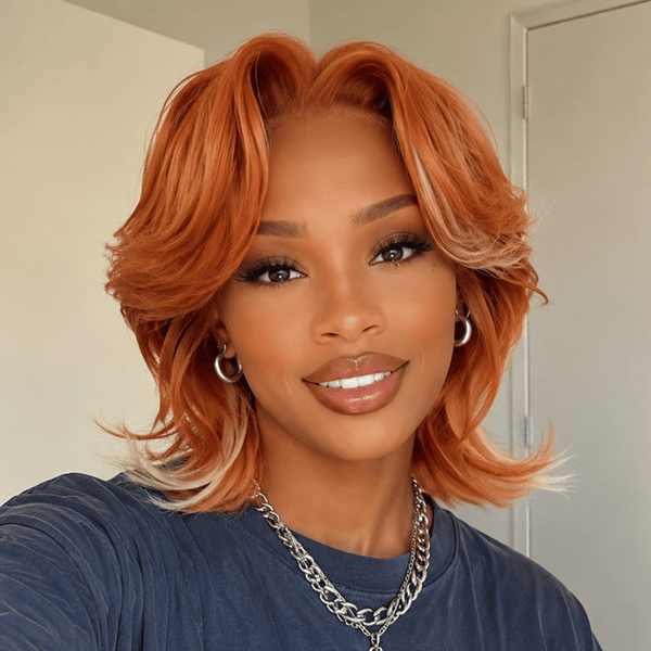 BeQueen Wig Mullet Wig BeQueen Orange Highlight Blonde Natural Wave Frontal Lace Style Short Mullet Full Cap Wig