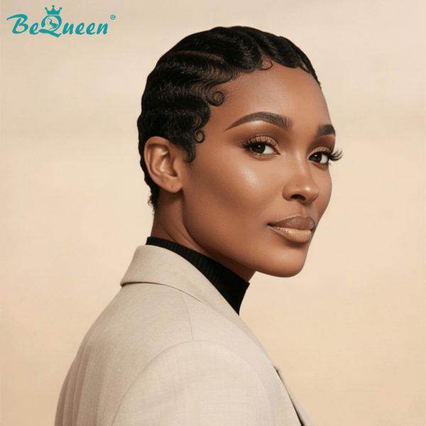 BeQueen Wig PIXIE WIGS Natrual Black Bequeen Pixie Water Wave Small Head Full Lace Wig
