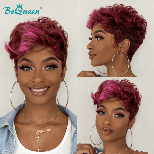BeQueen Wig PIXIE WIGS Bequeen Plum Purple Highlight Bright Fuchsia Pink Wave Pixie Wig